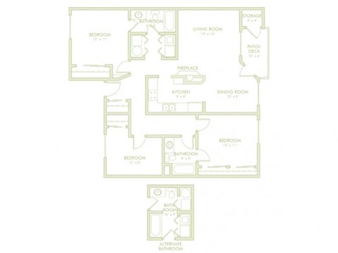 Floor plan for 3 beds, 2 baths, 1274 sqft